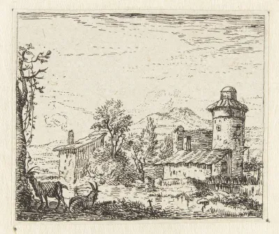 Italianiserend landschap met ronde toren en twee geiten