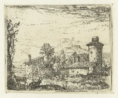 Italianiserend landschap met ronde toren en twee geiten
