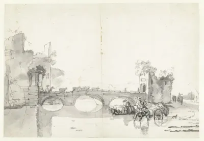 Italianiserend landschap met stenen brug over een rivier