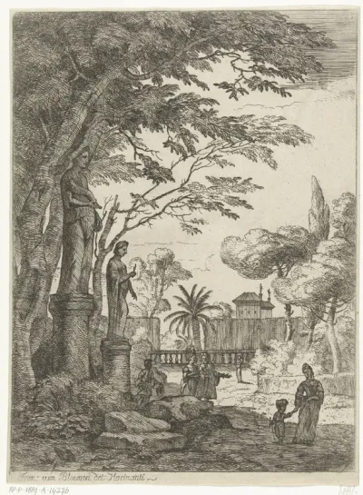 Italianiserend landschap met twee beelden en wandelaars in park