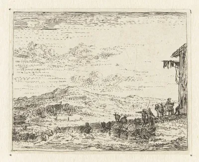 Italianiserend landschap met wagen bij  herberg
