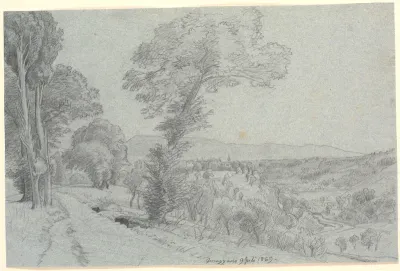 Italiensk bjerglandskab med udsigt mod "Genazzano 9 Juli 1869.".