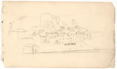 Italiensk landskab med klynge af huse