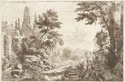 Italiensk ruinlandskab. T.h. en vase på en sokkel