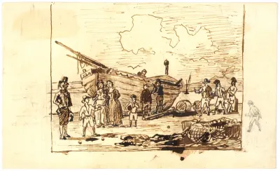 Italiensk strandscene med fiskere og båd