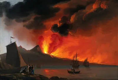 Italy (?): a volcano erupting in the background; boats and sailors in the foreground