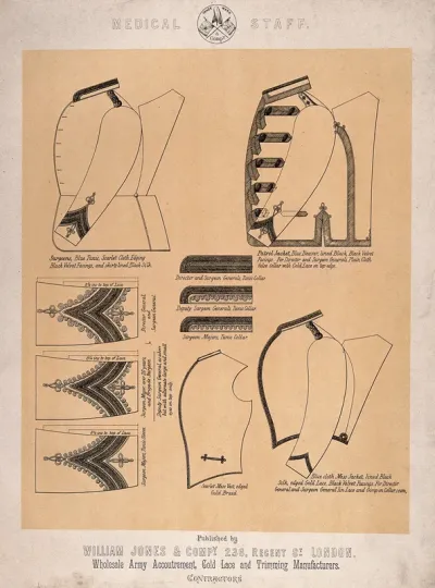 Items of uniform of British army medical staff with the jackets, tunic sleeves and collars of different ranking officers