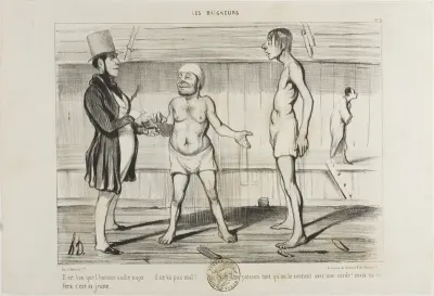 “It's important for a man to know how to swim. He is not doing so badly for a start. You could think it's a fish, at least while he is attached to the cord. But he'll learn it… he is still young!,” plate 5 from Les Baigneurs