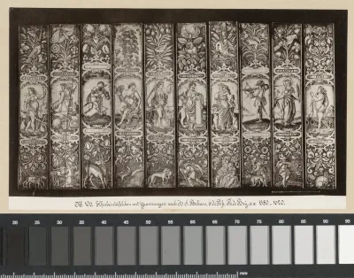 Ivoren tafel met gravures naar Beham, De Poss en De Bry