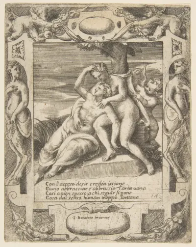 Ixion embracing a cloud, thinking it is Juno, Cupid at the right, set within an elaborate frame, from "Loves, Rages and Jealousies of Juno"