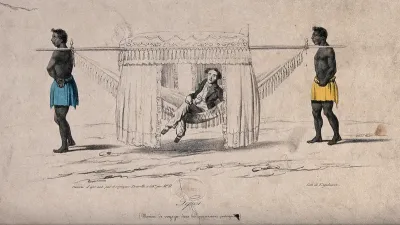 J.B. Douville in Africa being carried in a litter ("tipoi") suspended on poles between two people. Coloured lithograph attributed to Boulanger (?) afterJ.B. Douville