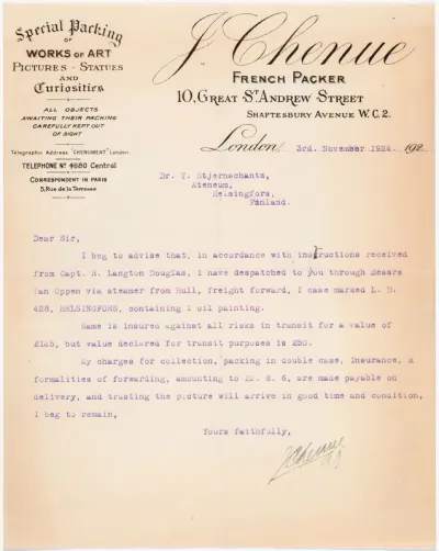 J. Chenuen kirje Torsten Stjernschantzille 3.11.1924