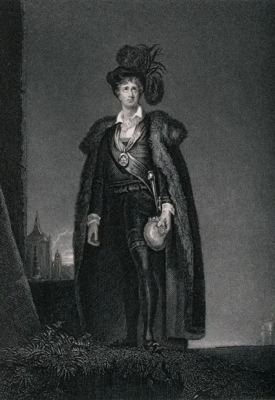 J.P. Kemble in the role of Hamlet, standing on a grassy bank wearing a long cape edged with fur and a large feathered hat on his head; he is holding a skull in his hand. Engraving after Sir Thomas Lawrence