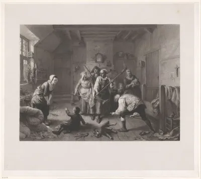 Jacht op een rat door een groep mensen in een interieur
