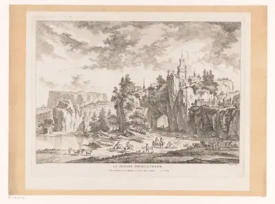 Jachtgezelschap in een landschap met een kasteel op een klif