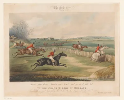 Jachtpaarden met ruiters springen over hekken