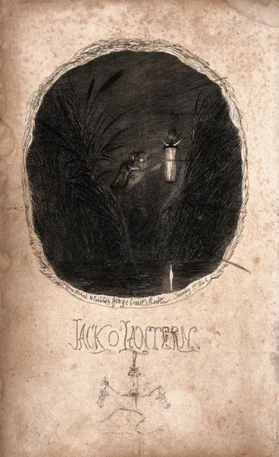 Jack o'lantern as a demon standing among bullrushes at the water's edge at night and holding a lantern