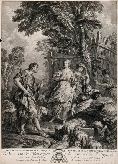 Jacob arrives among the shepherds of Haran; he falls in love with Rachel at first sight