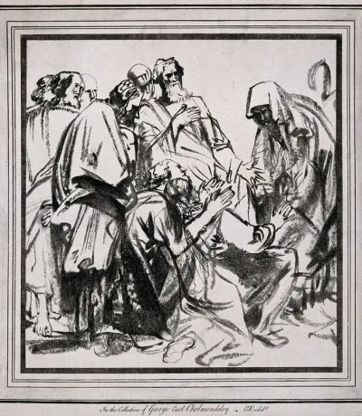 Jacob being persuaded to send Benjamin with his brothers on their return jorney to Egypt