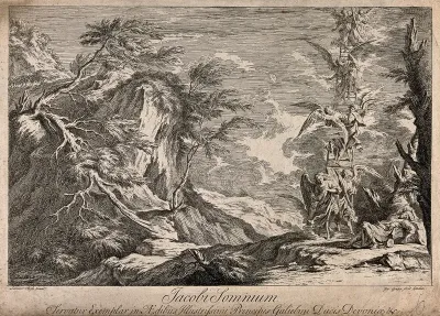 Jacob finds rest in a rugged landscape and dreams of a ladder of angels