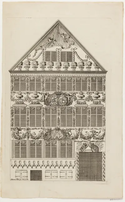 Jacob Fosies hus på Østergade med festdekoration i anledning af kronprinsesse Louises festindtog 1743. Opslag med trykt forklaring