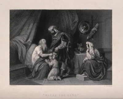 Jacob (Israel) blesses Ephraim and Manasseh, watched by Joseph