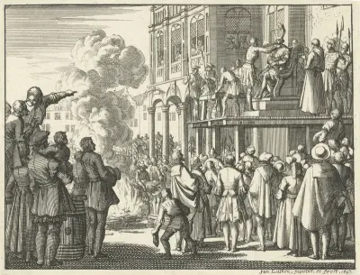 Jacob van Campen met mijter op hoofd op het schavot te Amsterdam, 1535