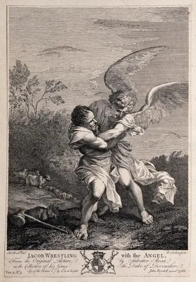 Jacob wrestles with the angel on a hilltop