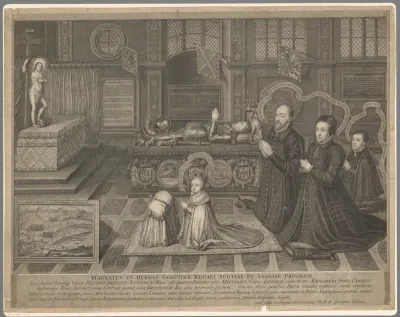 Jacobus I, koning van Engeland, als kind geknield bij de tombe van zijn vader, Henry Stuart Darnley