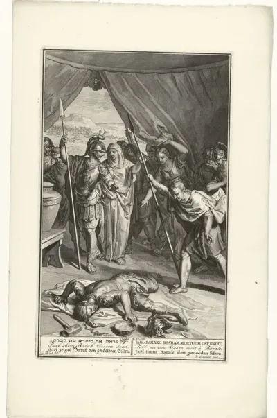 Jaël toont Barak het dode lichaam van Sisera