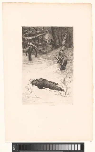 Jager in de sneeuw met neergeschoten beer