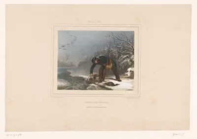 Jager met jachthond en dode eend in de sneeuw