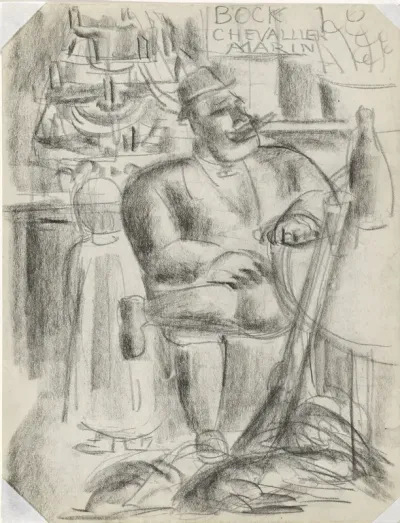 Jager zittend aan cafétafel, in zwart krijt