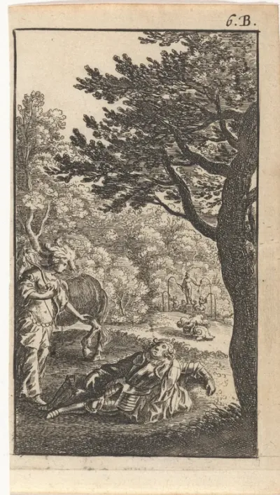 Jageres bij een man in wapenrusting