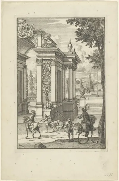 Jagers bij een ornamentele poort