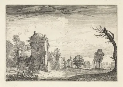 Jagers met honden bij een toren in een landschap