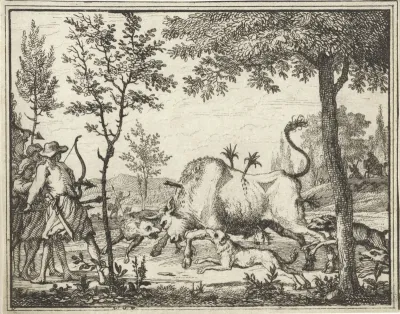 Jagers met honden schieten pijlen op een stier