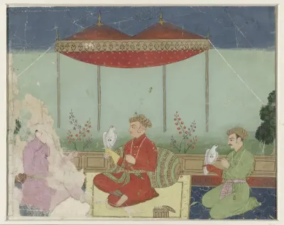 Jahangir zittend onder een baldakijn op een terras