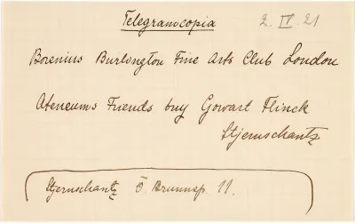 Jäljennös Tancred Boreniuksen sähkösanomasta Torsten Stjernschantzille 2.4.1921