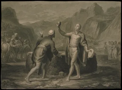 James Bruce of Kinnaird, having reached a fountain at Gisha (Abyssinia) regarded as the source of the Nile, uses a coconut to drink the water to the health of King George III and Empress Catherine the Great