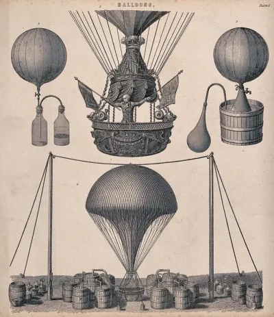 James Sadler setting off on the proposed first crossing of the Irish Sea from Dublin by balloon, 1812; with details of the hydrogen barrels and equipment