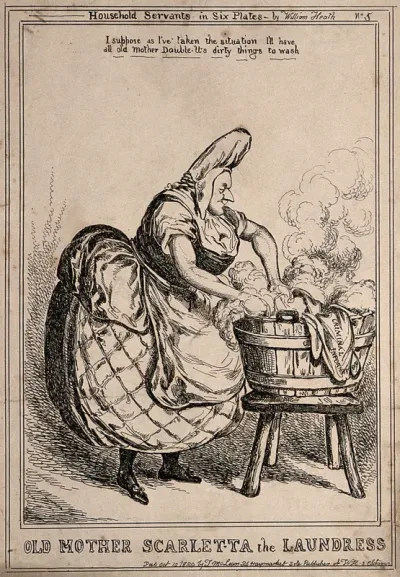 James Scarlett, 1st Baron Abinger, as a washerwoman scrubbing clothes in a tub filled with hot soapy water