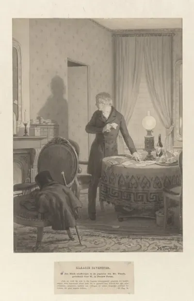Jan Bleek snuffelende in de papieren van Mr. Flinck
