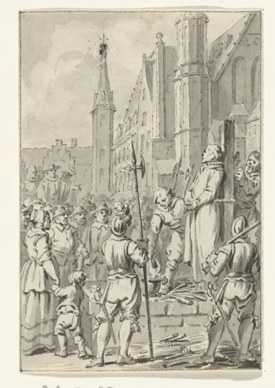 Jan de Bakker, priester te Woerden, op het Binnenhof te Den Haag wegens ketterij gewurgd en verbrand, 1525