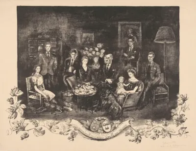 Jan Six van Hillegom en Christina Diderika van Crab zittend met hun familie in een interieur