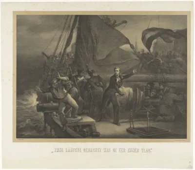 Jan van Speyk op het punt de lont in het ruim te gooien, 1831