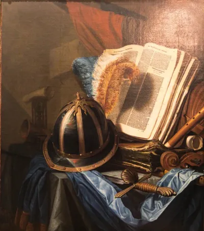 Jan Vermeulen, vanitas with helm, sword and book