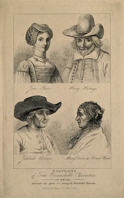 Jane Shore (mistress of King Edward IV), Henry Hastings (Dorset landowner and sportsman), Jedediah Buxton (mental calculator), and Mary Davis (with horns)