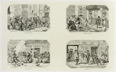 January from George Cruikshank's Steel Etchings to The Comic Almanacks: 1835-1853 (top left)