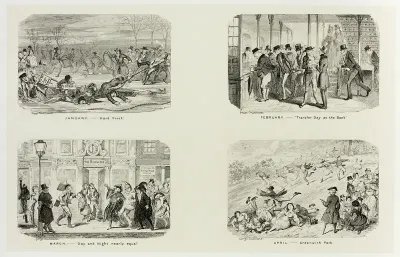 January – "Hard Frost" from George Cruikshank's Steel Etchings to The Comic Almanacks: 1835-1853 (top left)